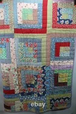 Antique Vintage Handmade Log Cabin Cotton Quilt 64 By 80 Purple Backing