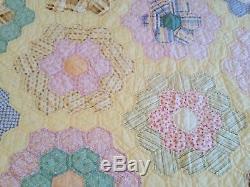 Antique Vintage Handmade Patchwork Quilt Hexagon Grandmothers Flower Garden