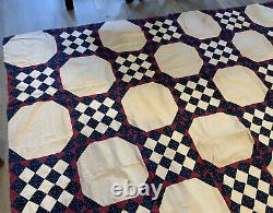Antique Vintage Patchwork Quilt Top, 16 Patch, Early Calicos, Early 1900's, Navy