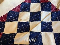 Antique Vintage Patchwork Quilt Top, 16 Patch, Early Calicos, Early 1900's, Navy