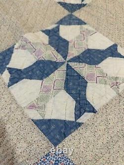Antique Vintage Patchwork Quilted Quilt Handmade & Stitched 8 Point Fish Star