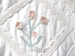 Antique/Vintage QUEEN SIZE QUILT Crocheted Flowers, Border with TWO Pillows Cases