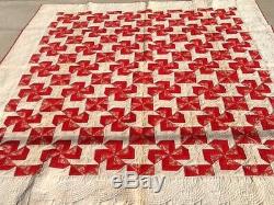 Antique/Vintage QUILT PINWHEEL HAND MADE, RED & CREAM size 83x96 very large