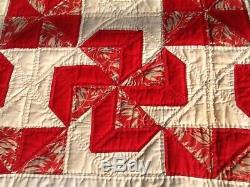 Antique/Vintage QUILT PINWHEEL HAND MADE, RED & CREAM size 83x96 very large