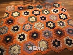 Antique Vintage Quilt 60 X 75 Patchwork Handmade Orange Floral
