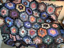 Antique Vintage Silk Grandma Flower Garden Quilt 60x60