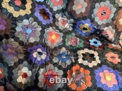 Antique Vintage Silk Grandma Flower Garden Quilt 60x60