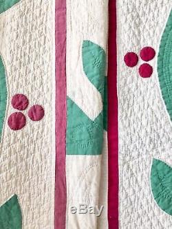 Antique Vtg Handmade Applique QuiltWhite withRed Berries Green Leaves Vine97x82