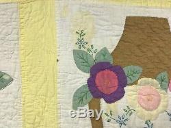 Antique Vtg Handmade Cotton Quilt 79x65 FLOWER BASKETS Stitched Applique Densely