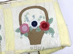 Antique Vtg Handmade Cotton Quilt 79x65 FLOWER BASKETS Stitched Applique Densely