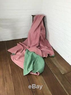 Antique Welsh Handmade Quilt Textile Durham Pink & Green Vintage Blanket Reverse