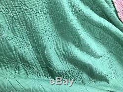 Antique Welsh Handmade Quilt Textile Durham Pink & Green Vintage Blanket Reverse