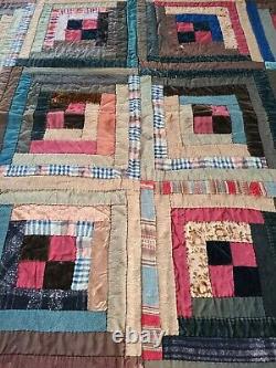Antique Wool Velvet Satin Log Cabin Quilt Hand Made 74 x 86 Late 1800's to 1900