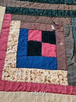 Antique Wool Velvet Satin Log Cabin Quilt Hand Made 74 x 86 Late 1800's to 1900
