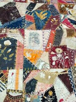 Antique amazing patchwork velvet crazy Quilt dated 1885 and 1887 item 57