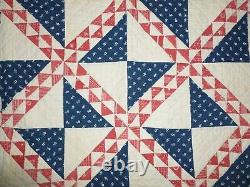 Antique c1900s Quilt Primitive Red White Blue FLYING GEESE Pinwheel hand quilted