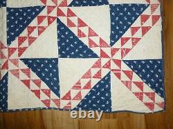 Antique c1900s Quilt Primitive Red White Blue FLYING GEESE Pinwheel hand quilted