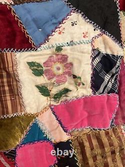 Antique crazy quilt c1900 with dense hand embroidery 72 x 80