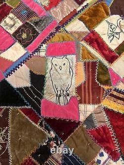 Antique crazy quilt c1900 with dense hand embroidery 72 x 80