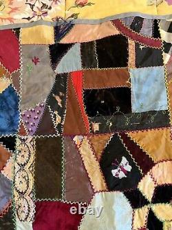 Antique crazy quilt wall hanging table topper