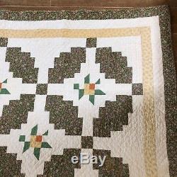 Antique handmade quilt 69 x 73 flower basket green ivory vintage patch blanket