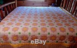 Antique or Vintage Hand Made Floral Quilt Yellow Flowers 81 x 101