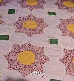 Antique or Vintage Hand Made Floral Quilt Yellow Flowers 81 x 101