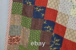 Antique quilt patchwork cotton 19th 82x86 red blue green 1800s fabric original