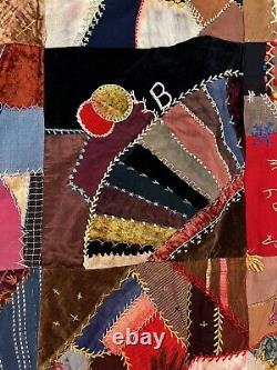 Antique velvet silk & satin crazy quilt 1891