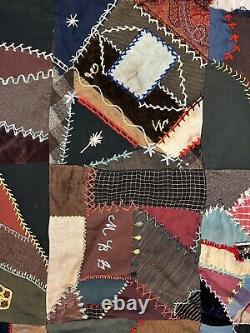 Antique velvet silk & satin crazy quilt 1891