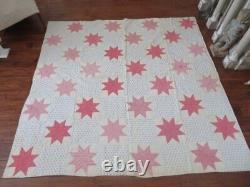 BEAUTIFUL Old Antique QUILT 32 STAR Pattern Hand Stitched PINK WHITE BLUE