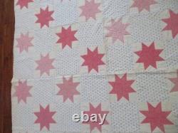 BEAUTIFUL Old Antique QUILT 32 STAR Pattern Hand Stitched PINK WHITE BLUE