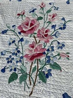 BEAUTIFUL Vintage 30s Hand Stitched Roses & Blue Flowers Applique Antique Quilt