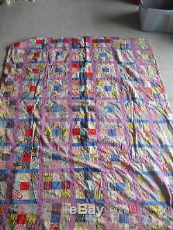 BIG Vintage 1950s Handmade Colorful Crazy Patch Quilt 92 x 72 Inches