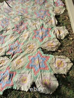Beautiful Antique All Hand Stitched Giant Quilt Top Star Pattern 84 x 104