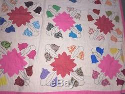 Beautiful Antique QUILT Hand Stitched Feed Sack Vintage Handmade Warm Colorful