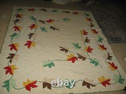 Beautiful Fall leaf handmade antique vintage hand sewn & hand appliqued quilt