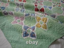 Beautiful Feedsack Hearts! Vintage Green & White Applique QUILT 80x75 Excellent