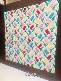 Beautiful Handmade Hand Sewn Applique Quilt Flowers 82x 78 Bright Colors