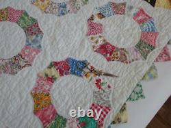 Beautiful & Large Vintage Feedsack Dresden Plate QUILT 98x80 Sawtooth Border