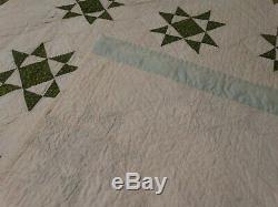 Beautiful Ohio Star Antique Vintage Handmade Hand Quilted Green and White Quilt