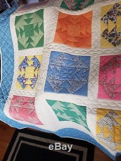 Beautiful Patch Quilt Handmade/Hand Quilted vintage fabricColorful-Large 92x80