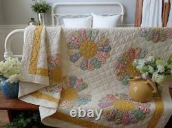 Beautiful Prints! Large Vintage Yellow + Feedsack Applique Dresden Plate QUILT