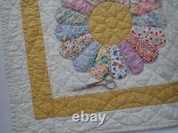 Beautiful Prints! Large Vintage Yellow + Feedsack Applique Dresden Plate QUILT