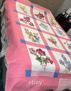 Beautiful Rare Vintage Hand Sewn Embroidered & Appliqué Quilt 94x74 A Must See