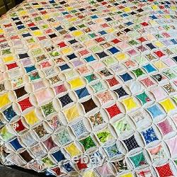 Beautiful Vintage 1940s 83x75 Multicolor Cathedral Window Quilt Handmade EUC