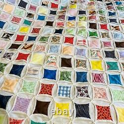 Beautiful Vintage 1940s 83x75 Multicolor Cathedral Window Quilt Handmade EUC