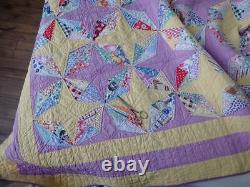 Beautiful Vintage 30s Purple & Yellow Feedsack Star QUILT 94x84