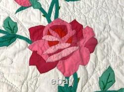 Beautiful! Vintage American Beauty Rose APPLIQUE Quilt Bows Cottage