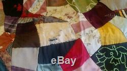 Beautiful Vintage Crazy Quilt Silk Hand Made Signed 82x75